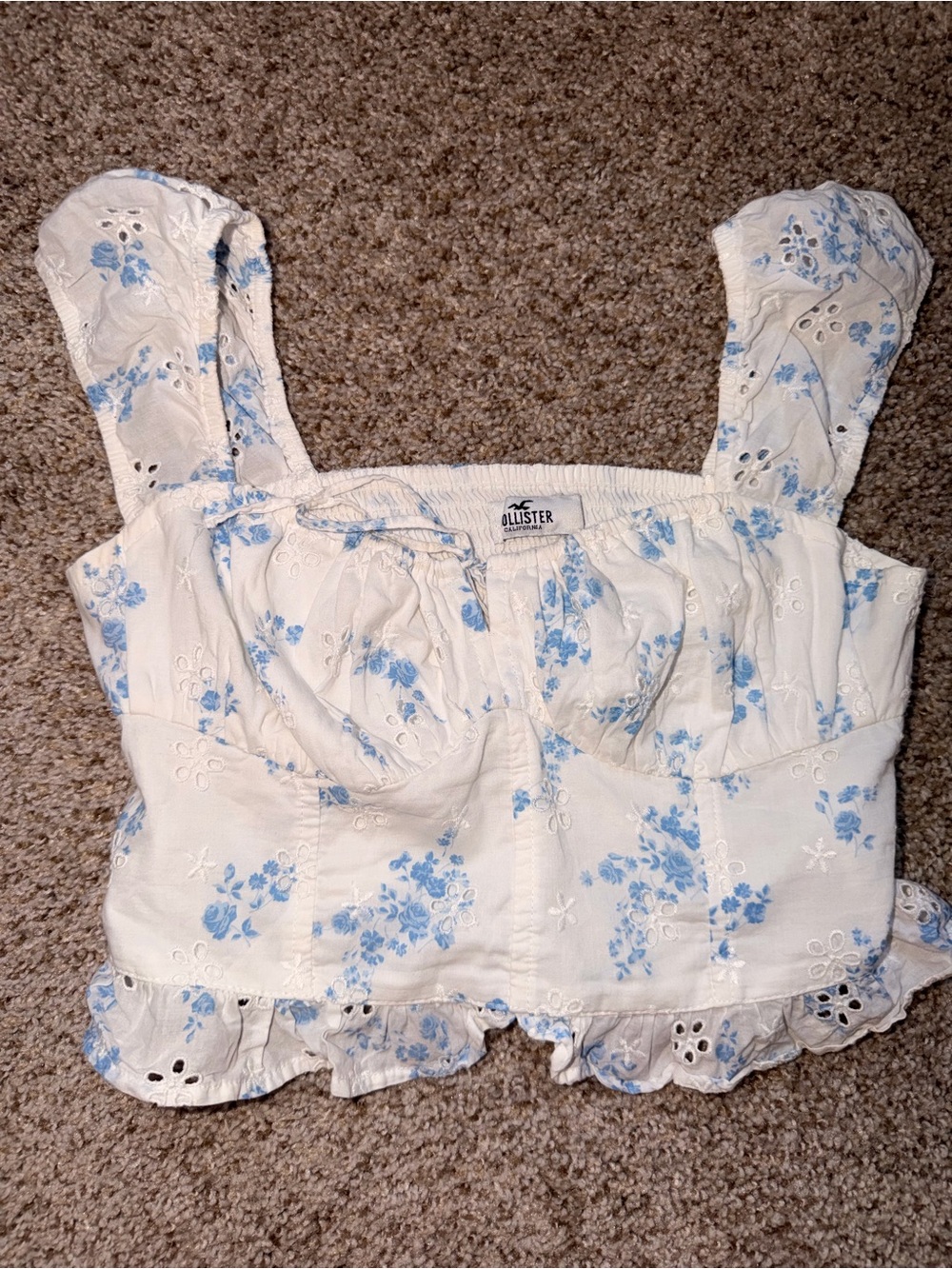 Hollister White Crop Top with Light Blue Floral Eyelet
